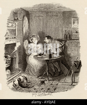 Mr Bumble and Mrs Corney taking tea. From the book The Adventures of Oliver Twist Stock Photo