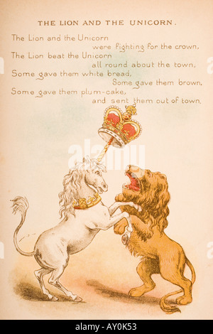 Nursery rhyme and illustration of The Lion and the Unicorn, from Old Mother Goose's Rhymes and Tales. Stock Photo