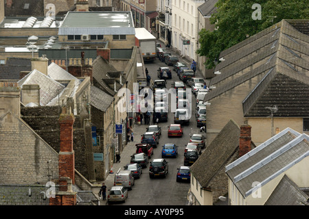 Aerial view of the town of Cirencester showing a traffic jam in the town centre Stock Photo