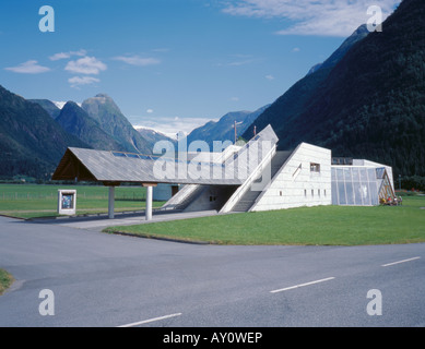 Bremuseum (Glacier Museum), Fjærland, with part of the Jostedalsbreen visible in the distance, Sogn og Fjordane, Norway. Stock Photo