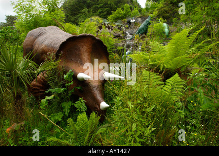 Triceratops in Worlds biggest dinosaur park Dan yr Ogof in Brecon Beacons National Park Wales featuring 135 lifesize dinosaurs Stock Photo