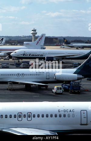 Aircraft lined up at airport Stock Photo
