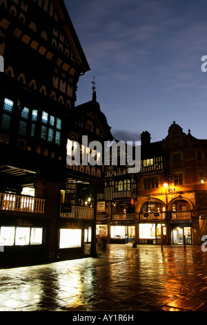 City of Chester England Rainy night view of Chester s Eastgate and Bridge Street junction. Stock Photo