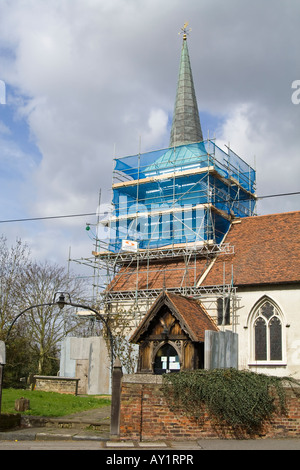 Scaffolding, St. Mary's church, Chigwell, Essex. Stock Photo