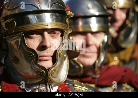 City of Chester England Close up view of three Roman Centurions from Roman Tours. Stock Photo