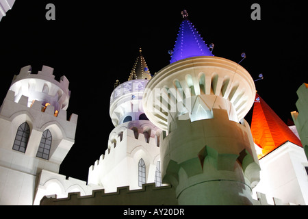 A view of the Aladdin Casino and Hotel taken at night in Las Vegas.  Photo taken from the southeast side of the building. Stock Photo