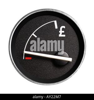 Fuel gauge marked with Pound sign, showing empty Stock Photo