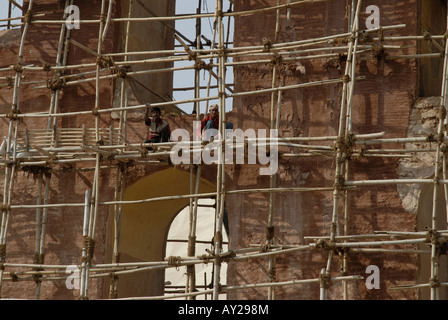 Bamboo scaffolding on large instrument called Yantra in Jantar Mantar Observatory in Jaipur Rajasthan India. Stock Photo
