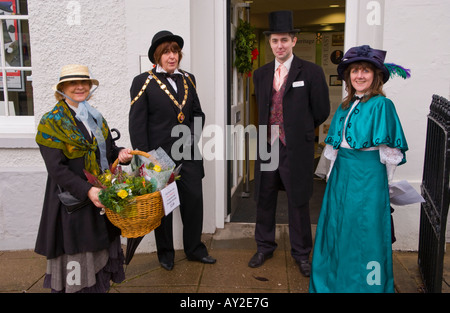 People in Victorian costume at Xmas craft fayre in Twyn Square Usk Monmouthshire South Wales UK EU Stock Photo