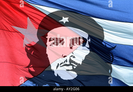 Colourful red white and blue detail of the Cuban national flag flowing in the wind with Che Guevara overlaid A global icon CUBA Stock Photo