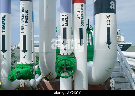 An system of ducts carries refined hydrocarbons to tankers and also receives incoming crude oil at Pemex Pajaritos complex Stock Photo