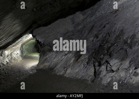 Mine shaft tunnel at Llanfair Slate Caverns, Gwynedd, North Wales, UK Stock Photo