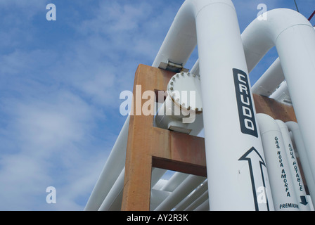 An system of ducts carries refined hydrocarbons to tankers and also receives incoming crude oil at Pemex Pajaritos complex Stock Photo