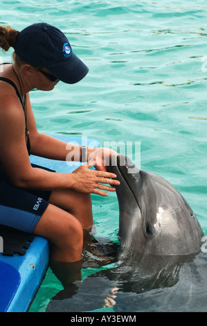 A trainer of the Dolphin Therapy and research Centre is rewarding a dolphin which is giving therapy to a mentally disabled boy Stock Photo