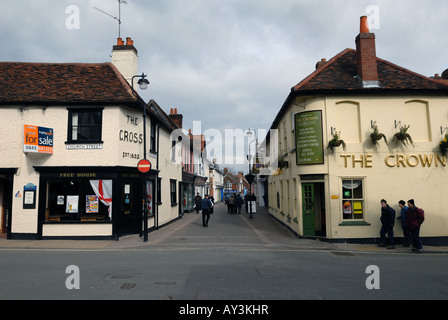 The Cross Corner junction at the top of the Thoroughfare, the main shopping street in Woodbridge, Suffolk, UK. Stock Photo