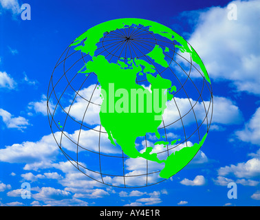 transparent earth globe superimposed on sky and clouds Stock Photo