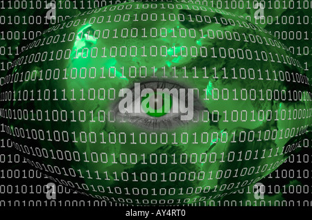 Green eye and binary codes on green background digital composite Stock Photo