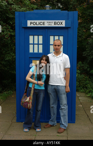 blue police public call box, England, UK Stock Photo