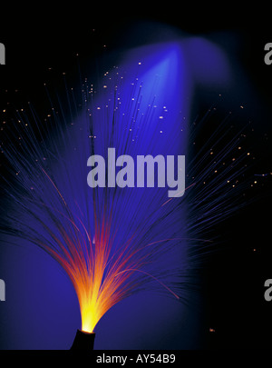 Detail of the end of a fibre optic cable lit up Stock Photo