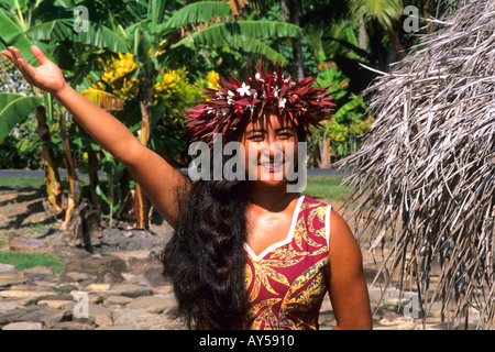 Native Ahu Marae Woman in Huahine Tahiti French Polynesia Stock Photo