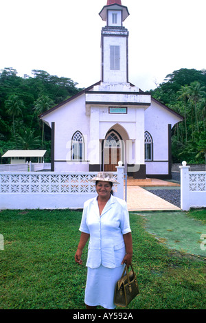 Native Woman at Uturoa Protestant Church Rai Atea Tahiti French Polynesia Stock Photo