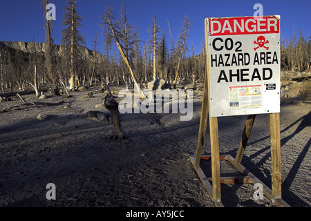 Toxic gas danger sign warning of hazard by natural carbon dioxide emission Horseshoe Lake Mammoth Eastern Sierra California USA Stock Photo