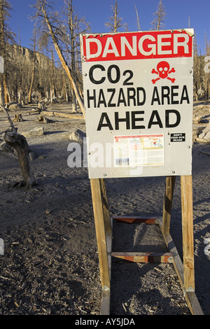 Toxic gas danger sign warning of hazard by natural carbon dioxide emission Horseshoe Lake Mammoth Eastern Sierra California USA Stock Photo