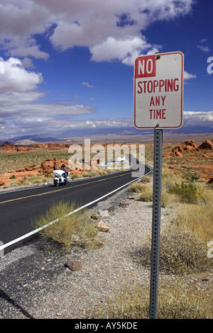 Traffic sign 'no stopping' on Route 169 through Valley of Fire state Park Nevada USA Stock Photo