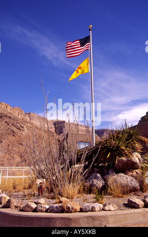 Flags of Nation and State fly over the visitors center, at Oliver Lee Memorial State Park, near Alamogordo, New Mexico. Stock Photo
