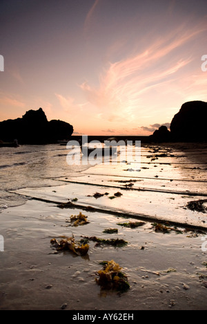 Sunset at Hope cove and boat Stock Photo