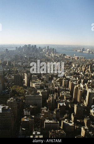 City skyline Manhattan island After September 11th 2001 Aerial view from height Street plan Tall buildings Clustered together Stock Photo