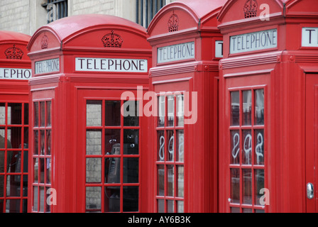 Close up of numerous red telephone boxes London England Stock Photo