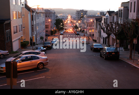 Street scene at dusk in downtown San Francisco Stock Photo