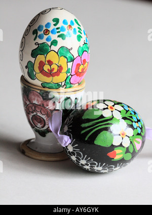two traditional hand painted Czech Easter eggs with egg cup Stock Photo