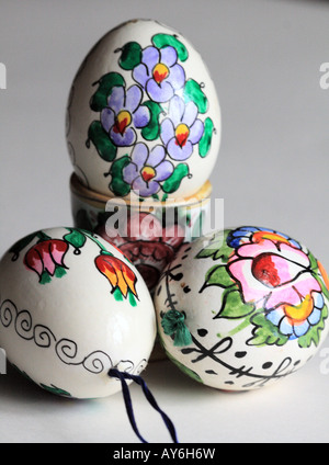 three  traditional Czech Easter eggs with egg cup Stock Photo