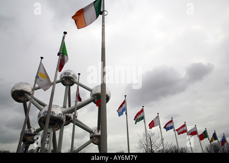 EC flags in front of Atomium in Brussels Stock Photo