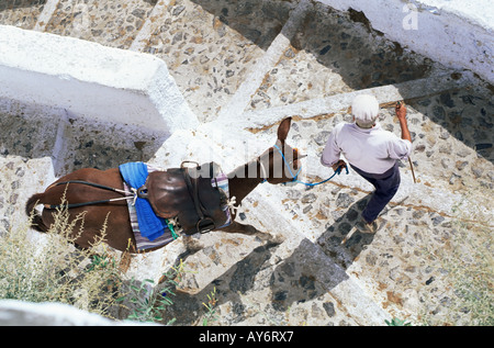 Man leading donkey down path in Greece Stock Photo