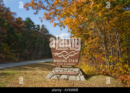 An Autumn view of the Winding Stair National Recreation Area sign on the Talimena Scenic Drive in southeast Oklahoma. Stock Photo