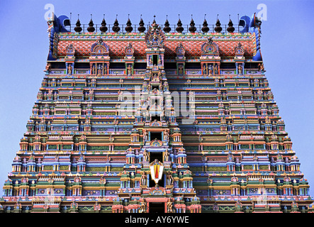 Detail of one of the gateways at Srirangam Sri Ranganathaswamy temple near Trichy in Tamil Nadu India Stock Photo