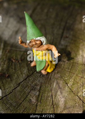 small female garden gnome with green pointy hat standing on a tree trunk in the last sunlight Stock Photo