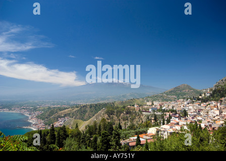 taormina sicily italy panoramic view of town and mt etna and ionian sea Stock Photo