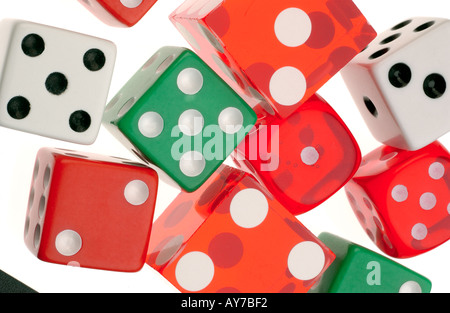 red green and white dice on white Stock Photo