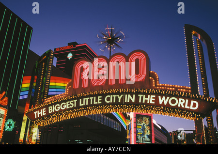 A view of the Reno arch on Virginia St in downtown Reno Nevada Stock Photo