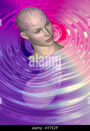 CGI Female Clone Avatar Robot Head with Brain showing ARTIFICIAL INTELLIGENCE Stock Photo
