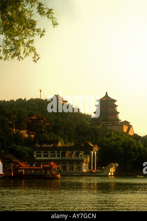 Beijing's Summer Palace Longevity Hill and Marble Boat from across Kunming Lake Stock Photo