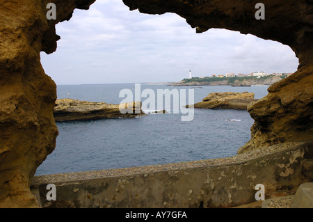 Panoramic View of Biarritz Lighthouse from Cave Hole Basque Coast Aquitaine Bay of Biscay Southwest France Europe Stock Photo