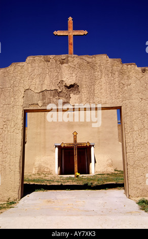 An adobe Spanish mission overlooks Picuris Pueblo at Picuris, New Mexico. Stock Photo