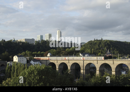 View across the Grund valley in Luxembourg towards the EU European buildings at Kirchberg Stock Photo