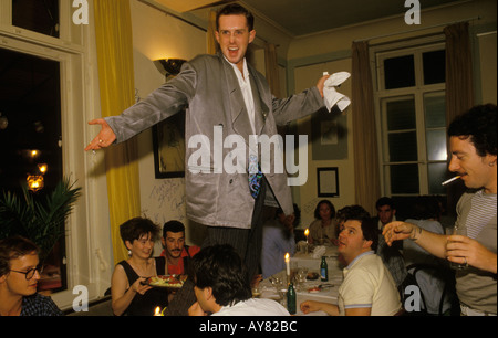 'Holly Johnson' lead singer with pop band 'Frankie  Goes to Hollywood' in German restaurant after performance 1980s 1983 HOMER SYKES Stock Photo