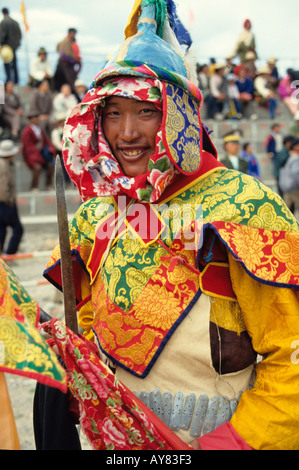 historically costumed Tibetan warrior monk at Naqu Nagqu traditional annual horse festival in Northern Tibet Stock Photo